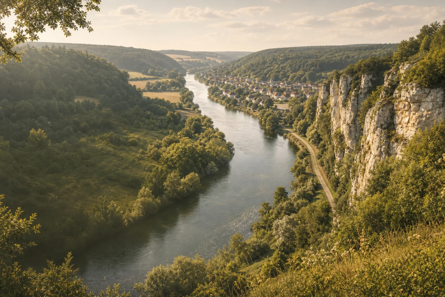 Panorama des Altmühltals mit Fluss, Wald und Kalkfelsen